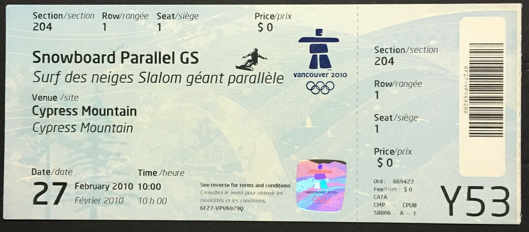 2010 Winter Olympics Vancouver Snowboard Parallel GS Ticket Cypress Mountain