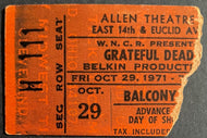 1971 Grateful Dead Concert Ticket Stub Cleveland Allen Theater Music Vintage