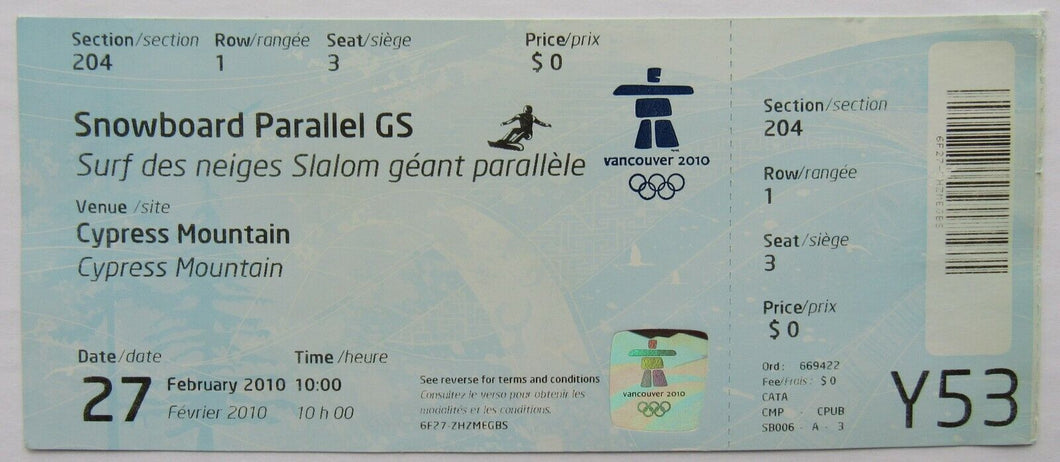 2010 Vancouver Olympics Snowboard Parallel GS Ticket Jasey Anderson Canada Gold