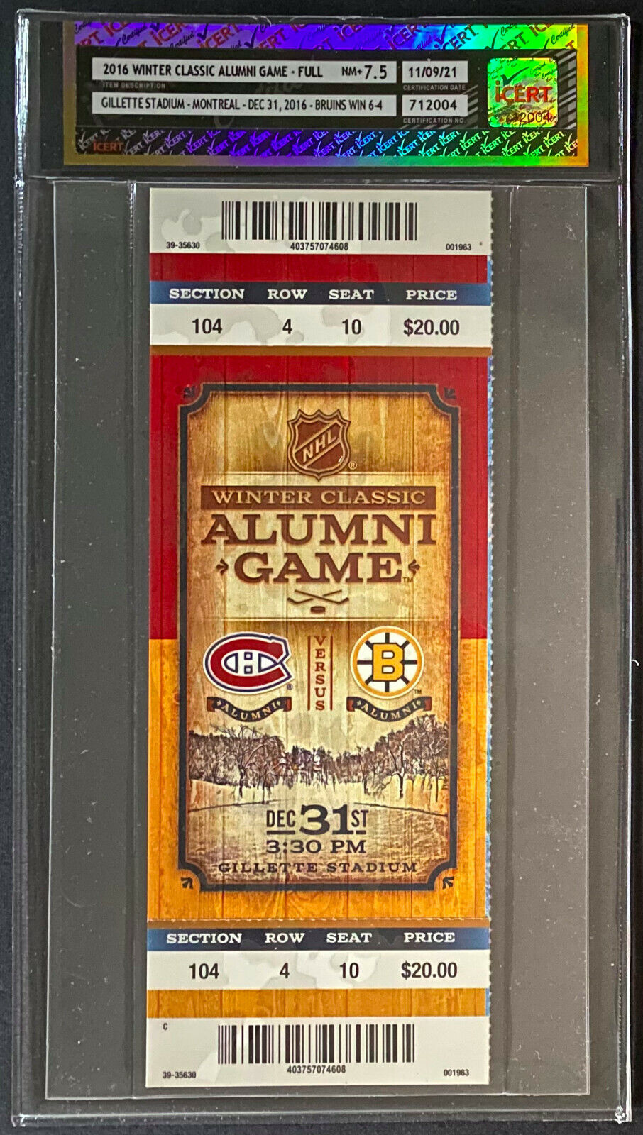 2016 Winter Classic Alumni Game NHL Hockey Full Ticket Montreal vs Boston Bruins