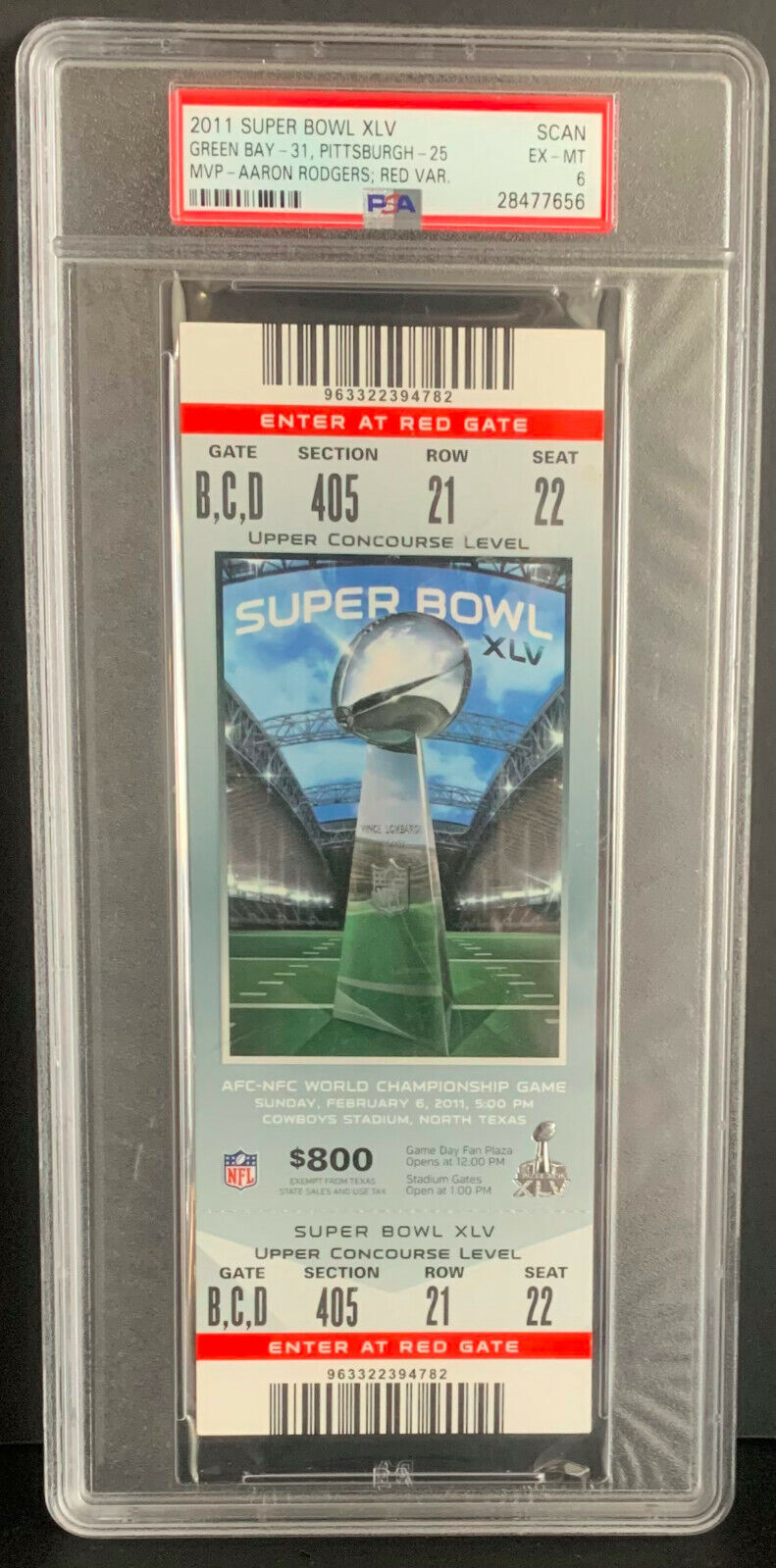 2011 Super Bowl XLV Full Ticket PSA 6 Green Bay Packers vs Steelers MVP-Rodgers