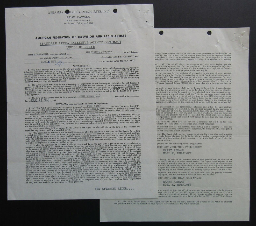 1969 1 Year Contract Between Comedic Actor, Louis Nye & Actors Union AFTRA