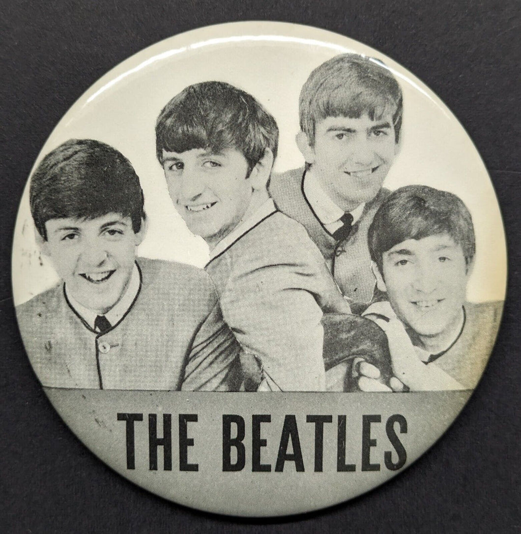 Vintage 1964 The Beatles Large Pinback Button Bezo Hoffman B&W Photo Fab Four