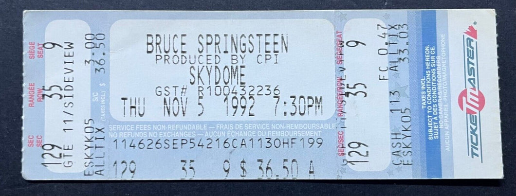 1992 Bruce Springsteen Unused Concert Ticket Lucky Town Tour SkyDome Toronto