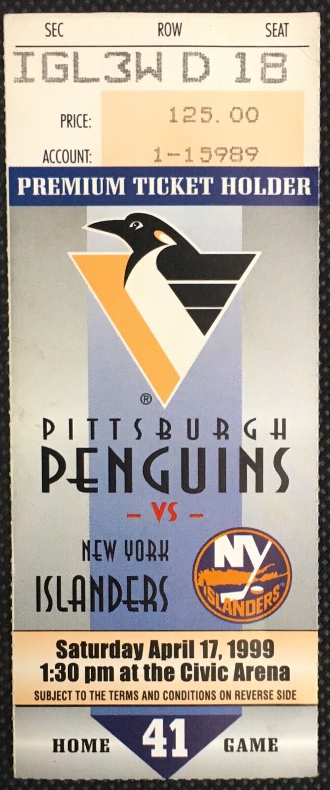 1999 Civic Arena NHL Hockey Ticket Pitsburgh Penguins vs New York Islanders