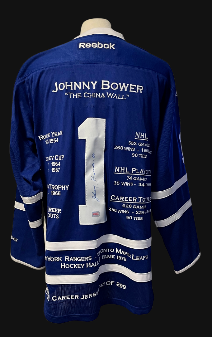 Johnny Bower Autographed Career Jersey 141 / 299 Signed NHL Toronto Maple Leafs