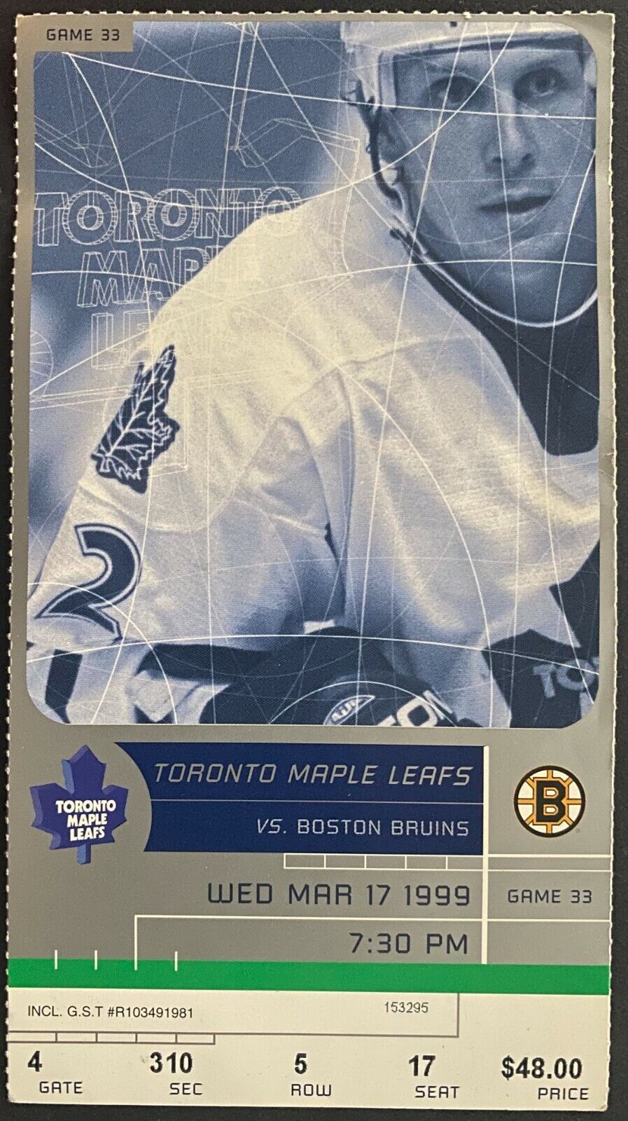 1999 NHL Hockey Ticket Toronto Maple Leafs Boston Bruins Air Canada Centre