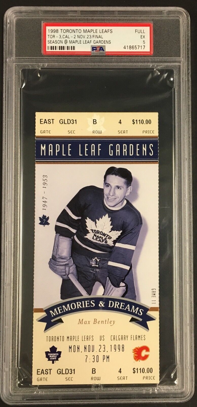 1998 Toronto Maple Leafs Hockey Ticket Memories & Dreams Max Bentley NHL PSA 5