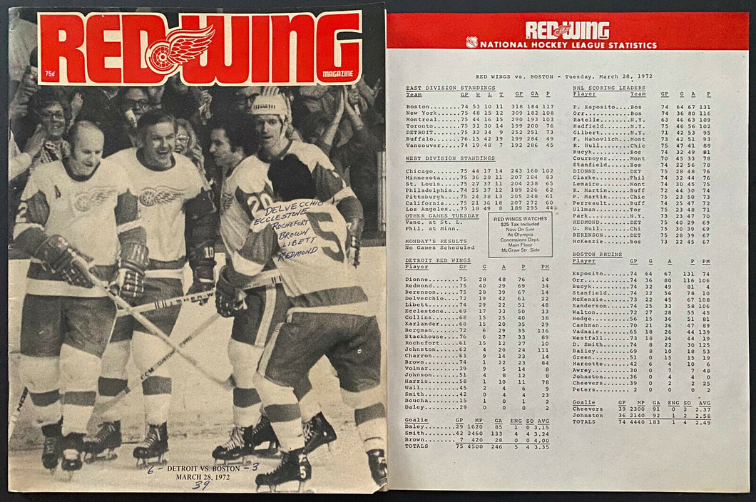 1972 Detroit Olympia NHL Hockey Program Red Wings vs Bruins Orr Gets 37th Goal