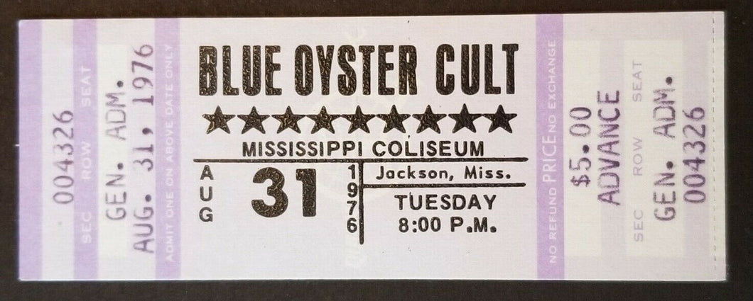 1976 Blue Oyster Cult Mississippi Coliseum Vintage Full Concert Ticket