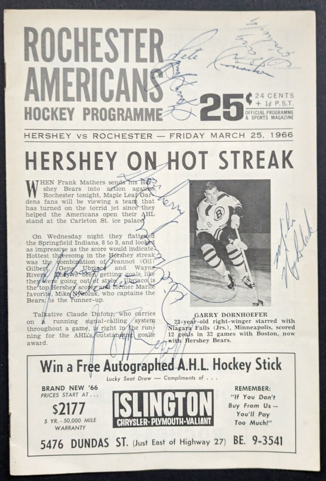 1966 Rochester Americans v. Hershey Hockey Program Multi-Autographed AHL Signed