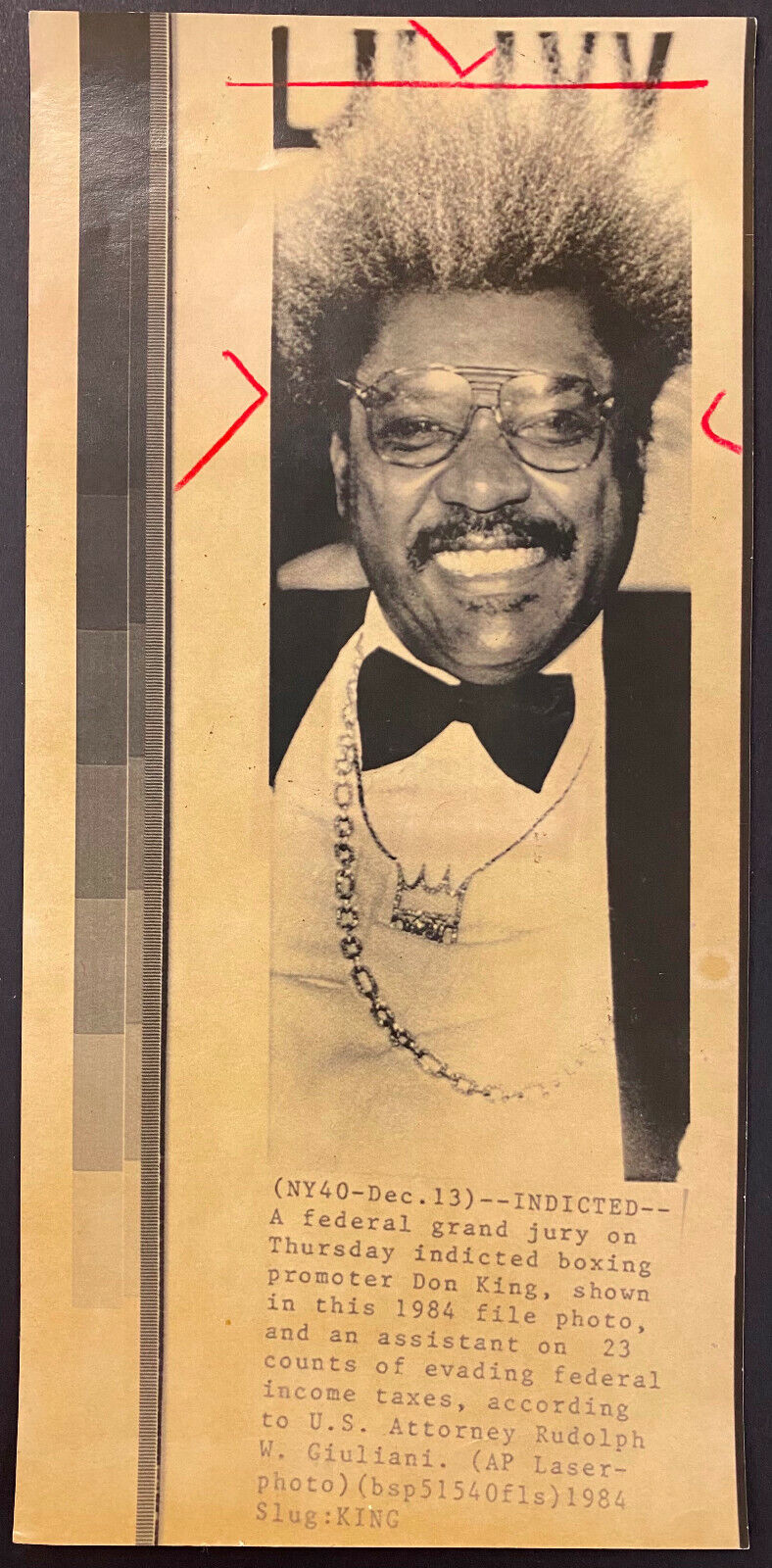 1984 Wire Photo Boxing Promoter Don King Charged With Tax Evasion Date Stamped