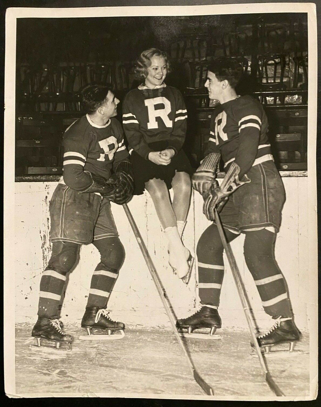 1935 NHL Hockey Press Photo New York Rovers Players with Figure Skater Henie