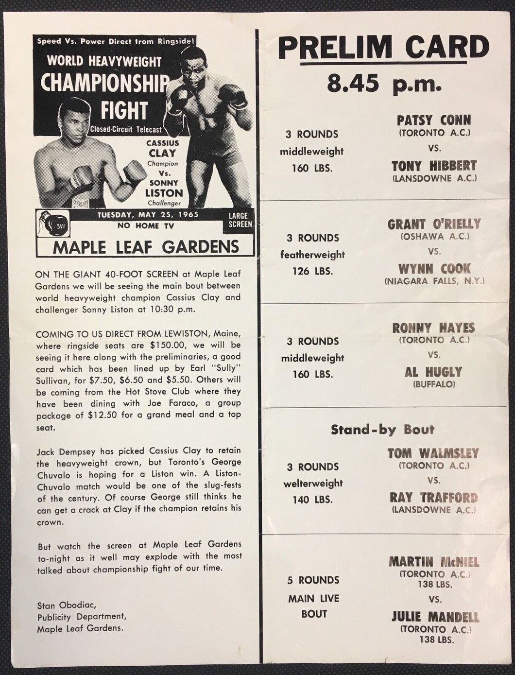 1965 Cassius Clay v Sonny Liston Handbill Maple Leaf Gardens Muhammad Ali Boxing