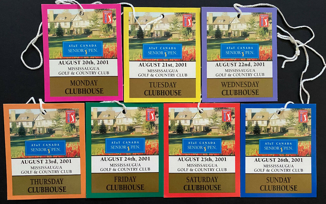 2001 Set Of 7 Different Daily Badges AT & T Golf Tournament Canadian Senior Open