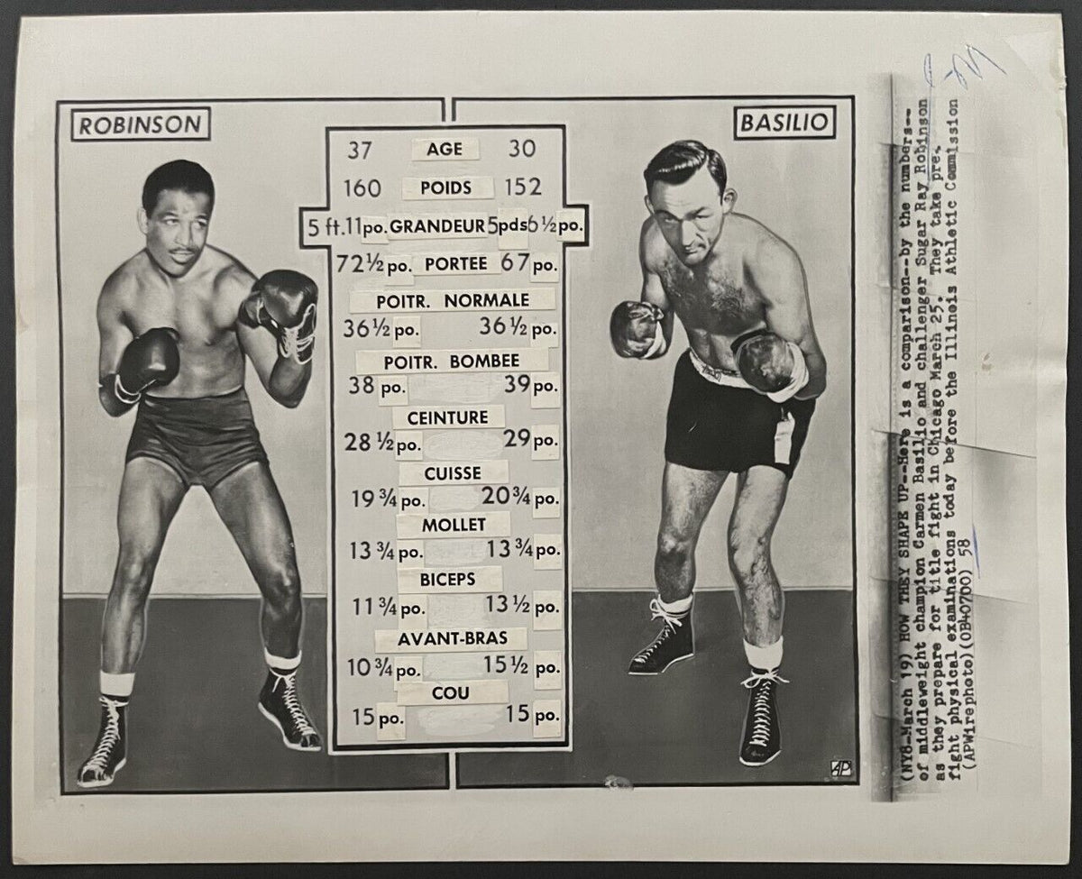 1958 Sugar Ray Robinson vs Carmen Basilio Wire Photo Vintage Boxing Pi ...