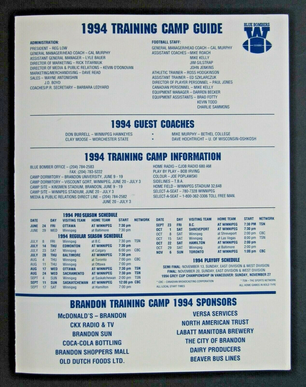 1994 CFL Winnipeg Blue Bombers Training Camp Guide Football Vintage Canada