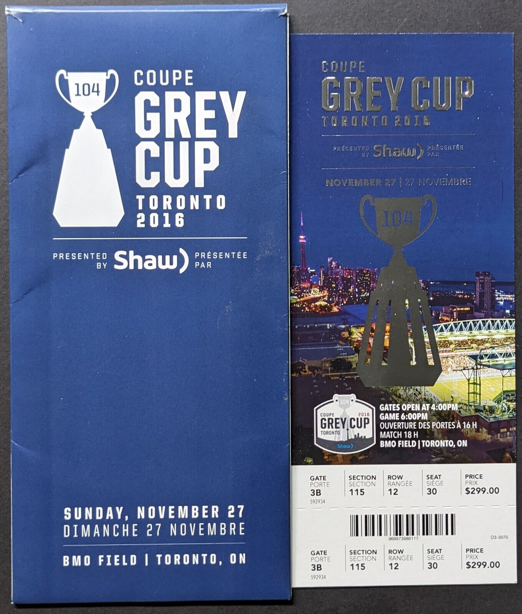 2016 Grey Cup CFL Football Ticket + Envelope BMO Field Redblacks v Stampeders