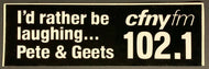 102.1 CFNY FM Vintage Bumper Sticker Decal Car Radio Auto Pete & Geets Unused