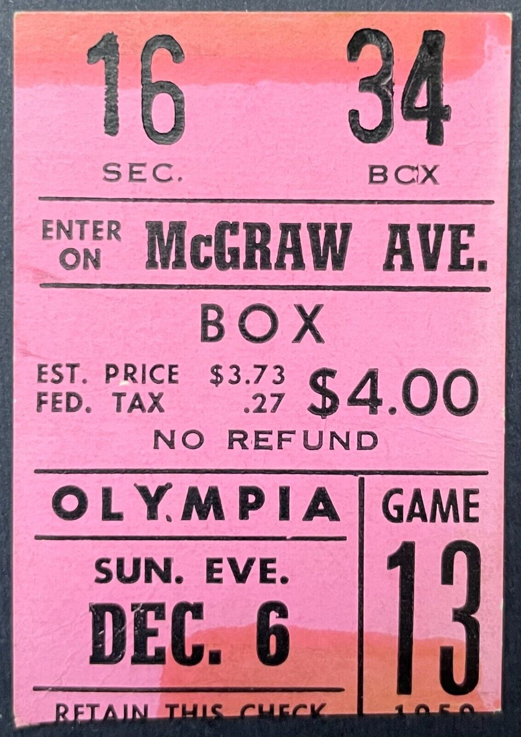 1959 Detroit Red Wings vs Montreal Canadiens NHL Hockey Ticket Stub Olympia Vtg