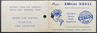 1955 International League Baseball Toronto Maple Leaf Telephone Card Take A Cab