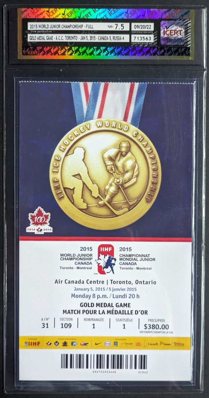 2015 World Jr. Championship Gold Medal Game Graded Ticket Canada v. Russia IIHF