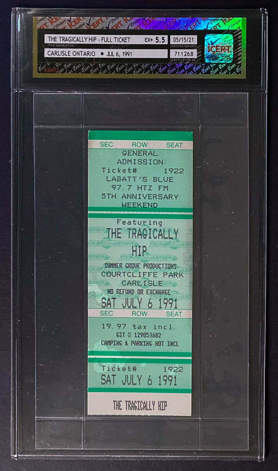 1991 The Tragically Hip Carlisle Ontario iCERT Authenticated Concert Ticket