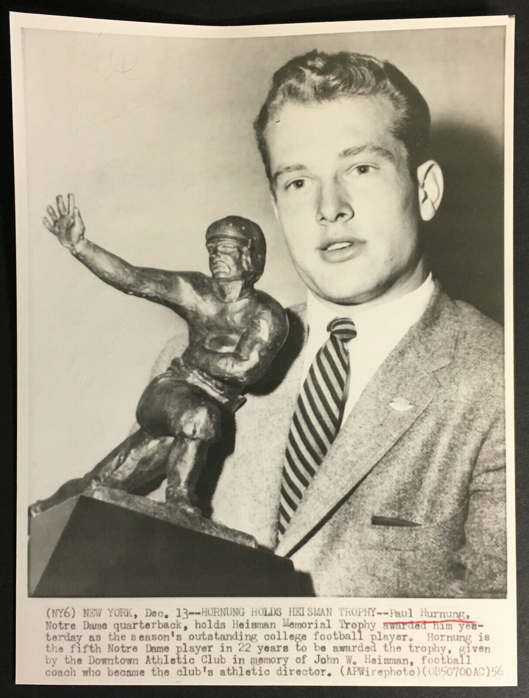 1956 Paul Hornung Heisman Trophy Winner Wire Photo Notre Dame Star Football