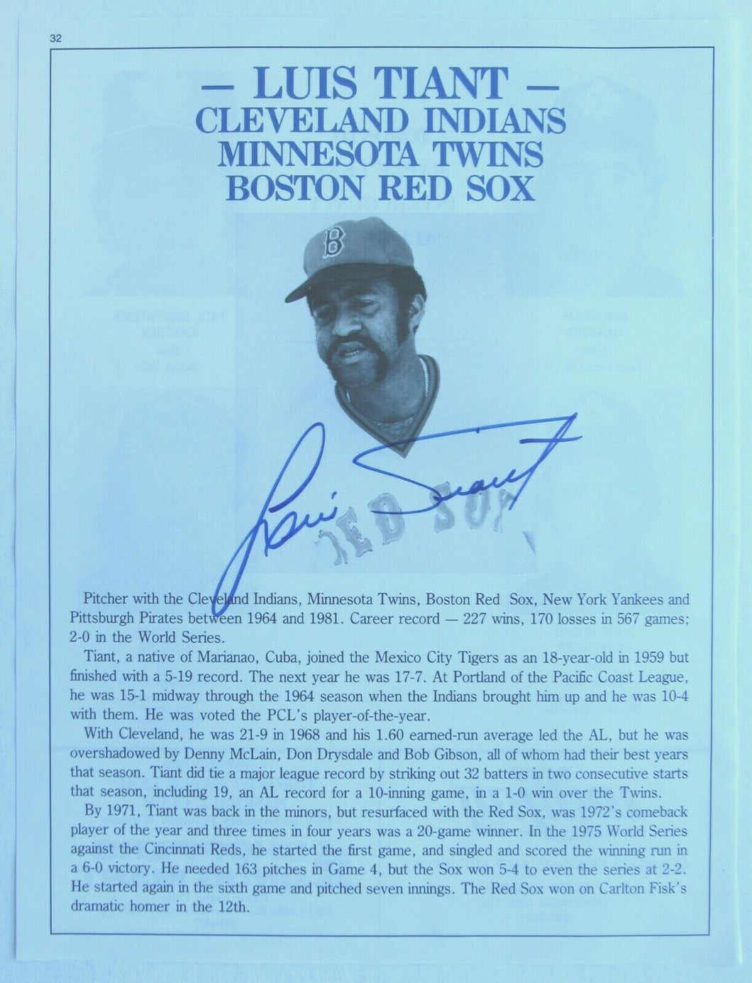 Luis Tiant Autographed Bio Signed MLB Baseball Boston Red Sox Twins Indians