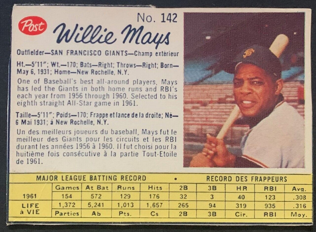 1962 Willie Mays White Back Canadian Post Trading Card #142 San Francisco Giants