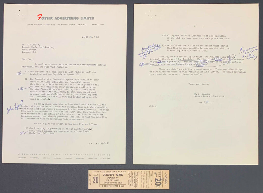 1961 Toronto Maple Leaf Baseball Club Ticket + 2 Page Letter Promo Joe Crysdale