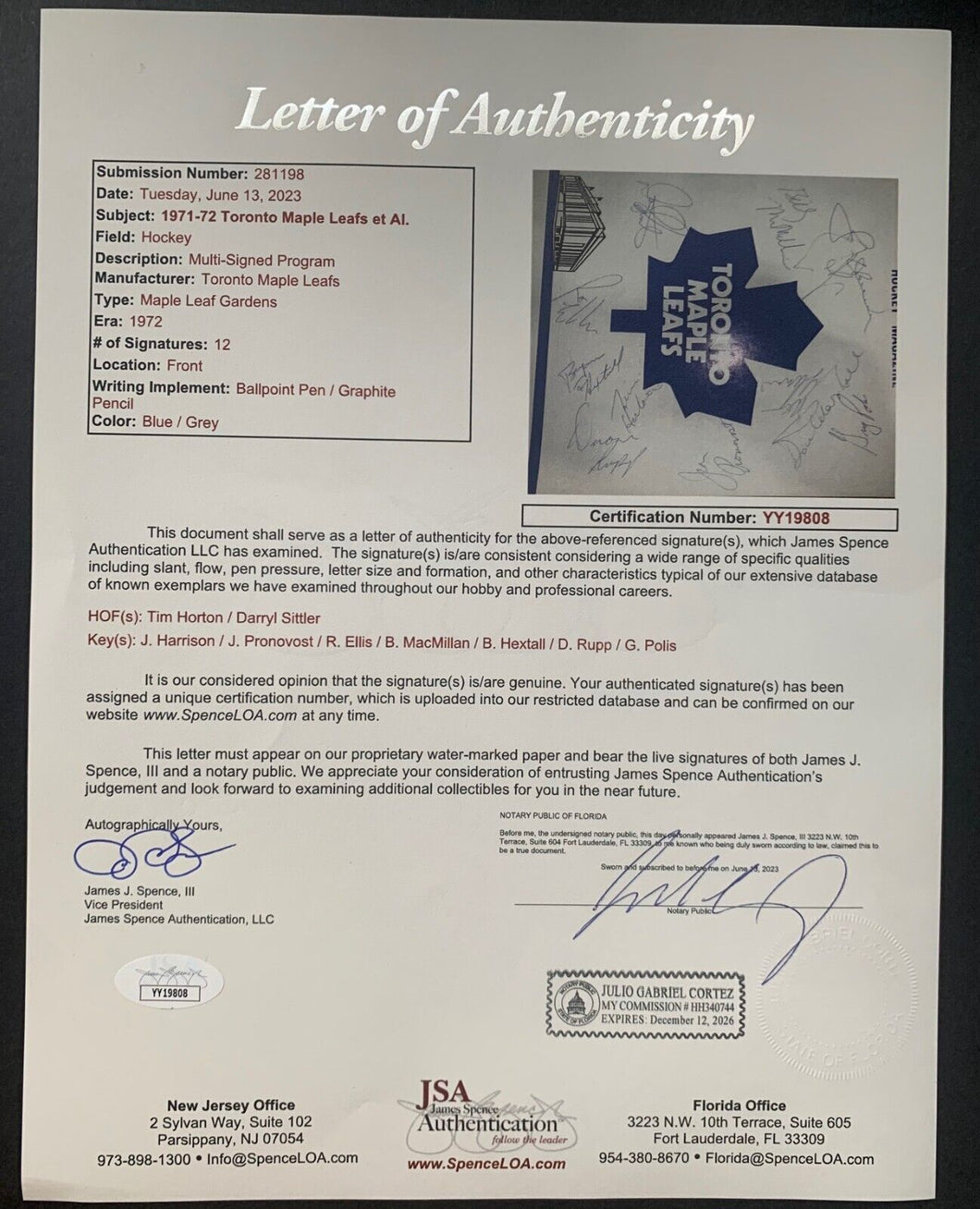 1971/72 Toronto Maple Leafs Signed x12 Program Horton Sittler NHL HOF LOA VTG