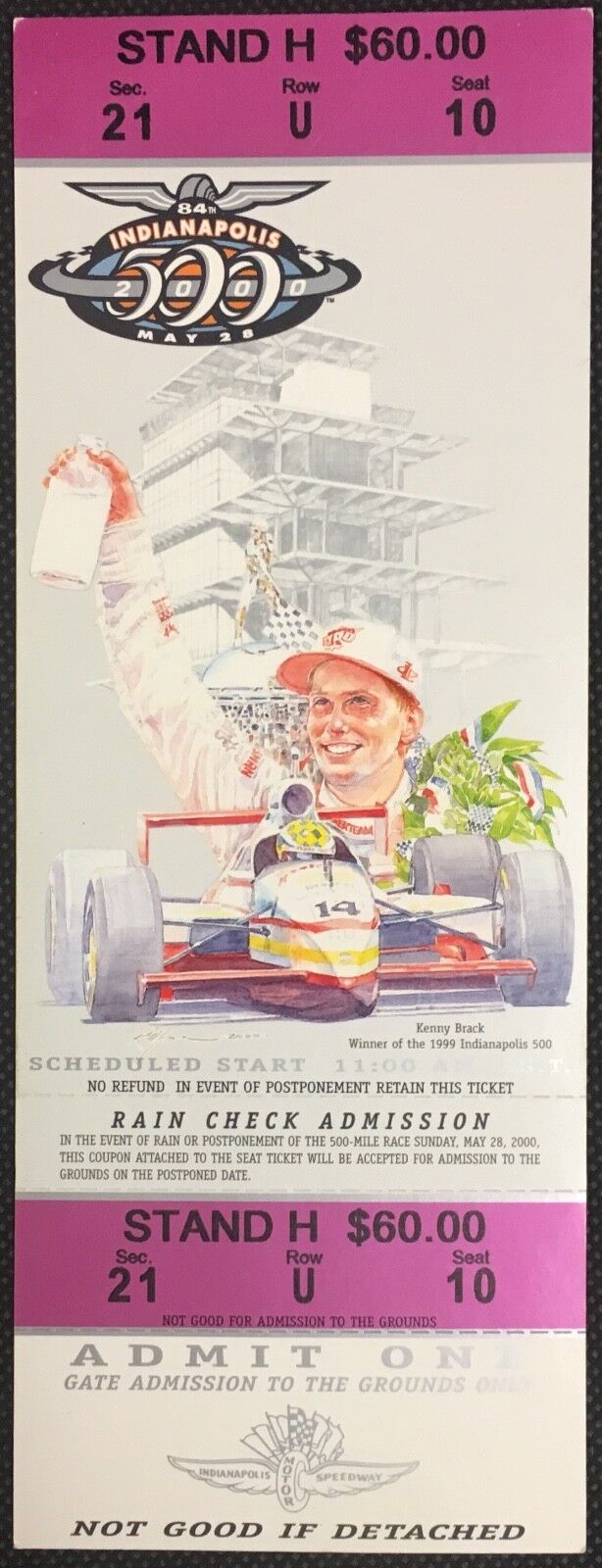 2000 Indianapolis Indy 500 Motor Speedway Race Ticket 84th Car Racing ...
