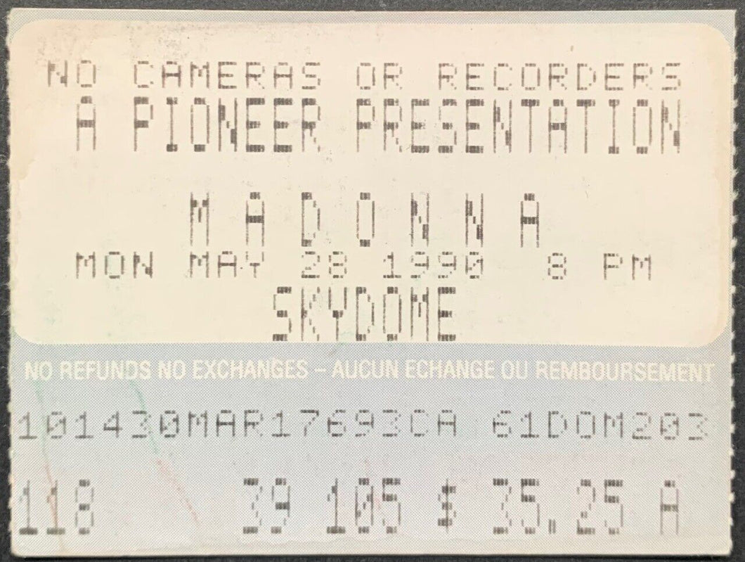 1990 Madonna Concert Ticket Stub Obscenity Charges Show Toronto May 28th Vintage