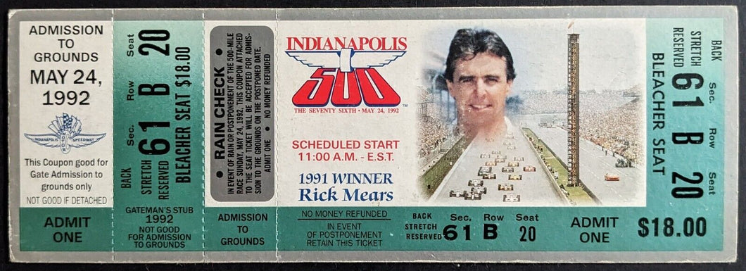 1992 Indy 500 Racing Full Ticket Rick Mears Indianapolis Motor Speedway