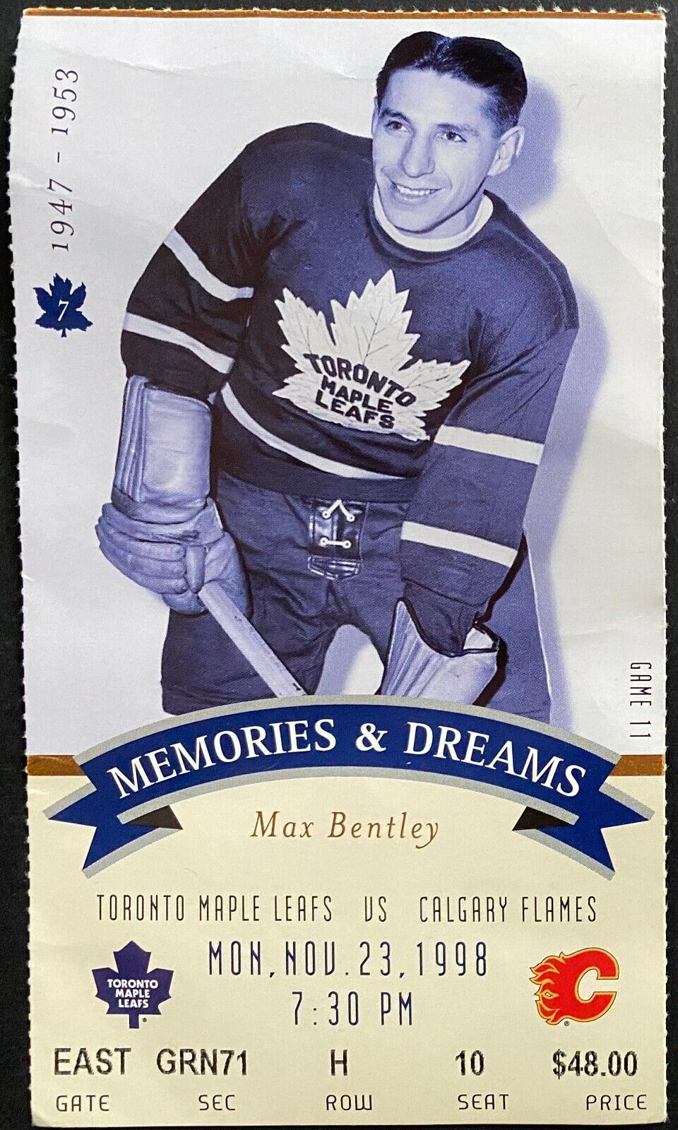 1998 Final MLG Season Toronto Maple Leafs Ticket w Max Bentley NHL Hockey Vtg