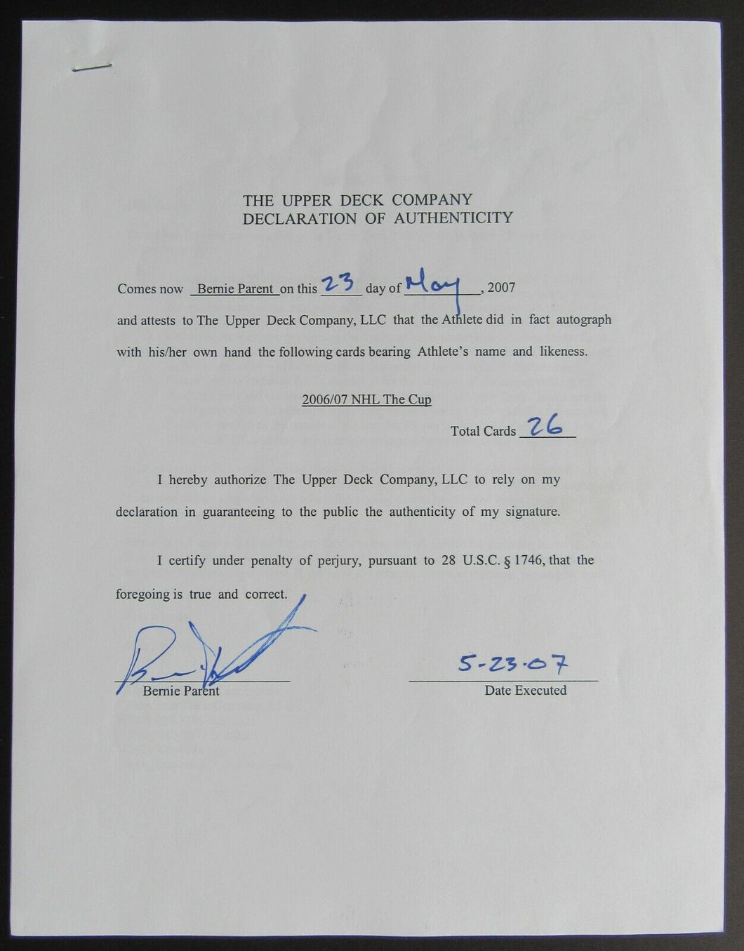 2007 Bernie Parent Signed Upper Deck Contract For Autographed Cards LOA-Beckett