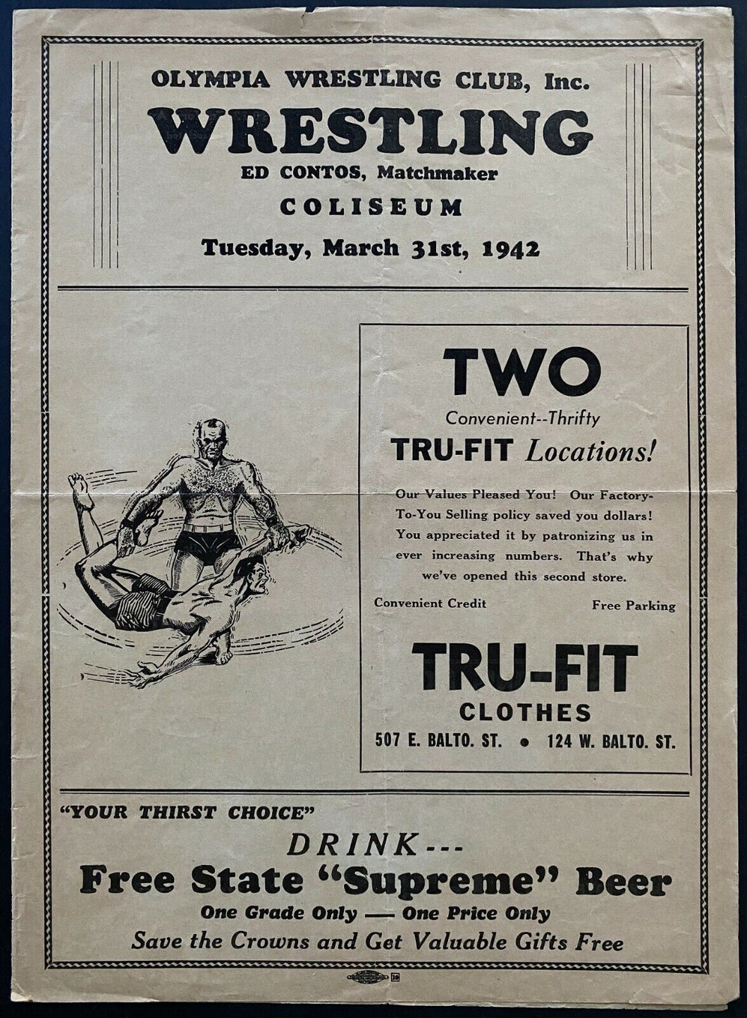 1942 Vintage Baltimore Coliseum Olympia Wrestling Program Fraley Dusek Dempsey