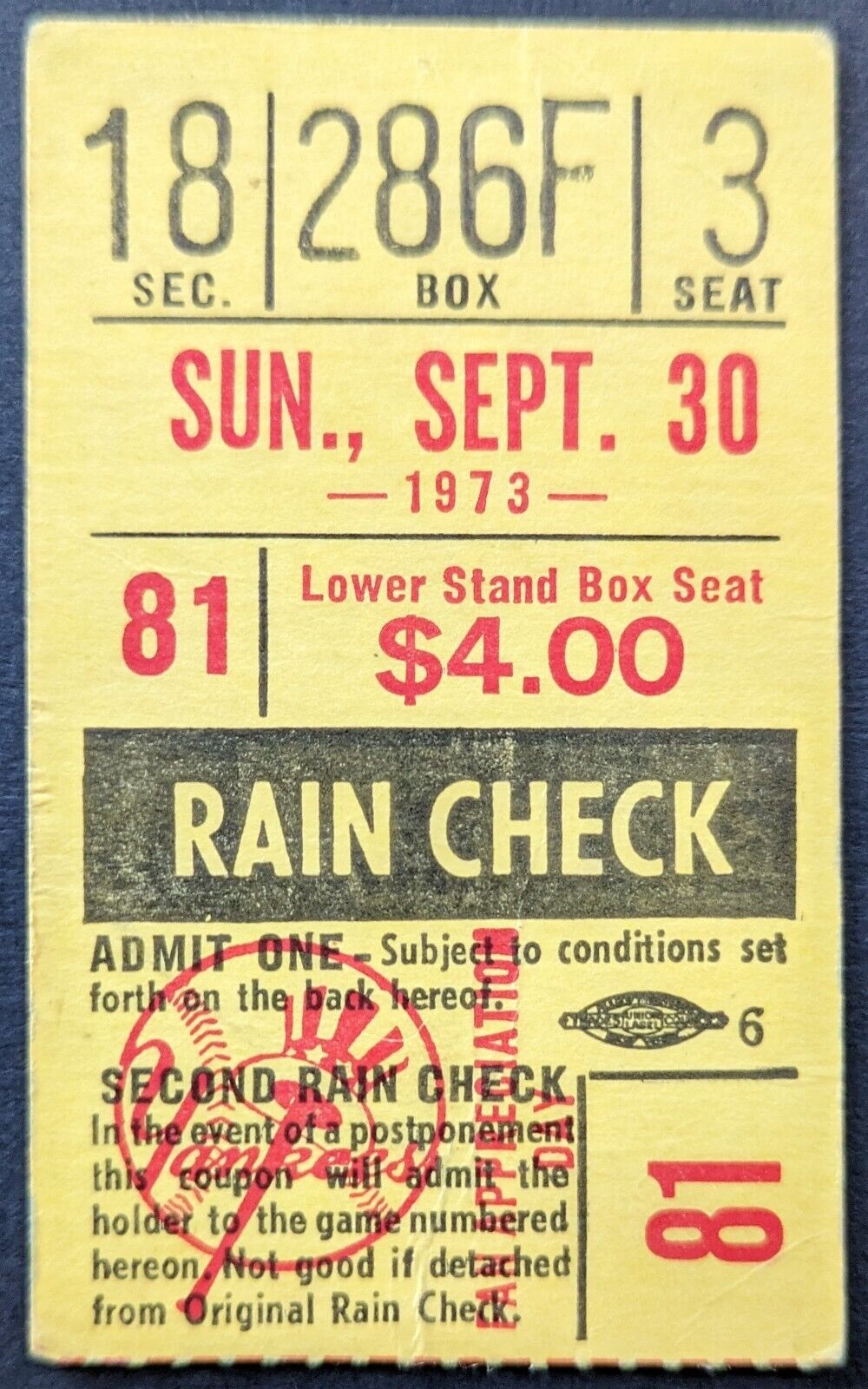 1973 Original Yankee Stadium Final Game Program Ticket Stub MLB New York Yankees