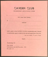 1965 Cavern Club Membership Application Form Liverpool England The Beatles