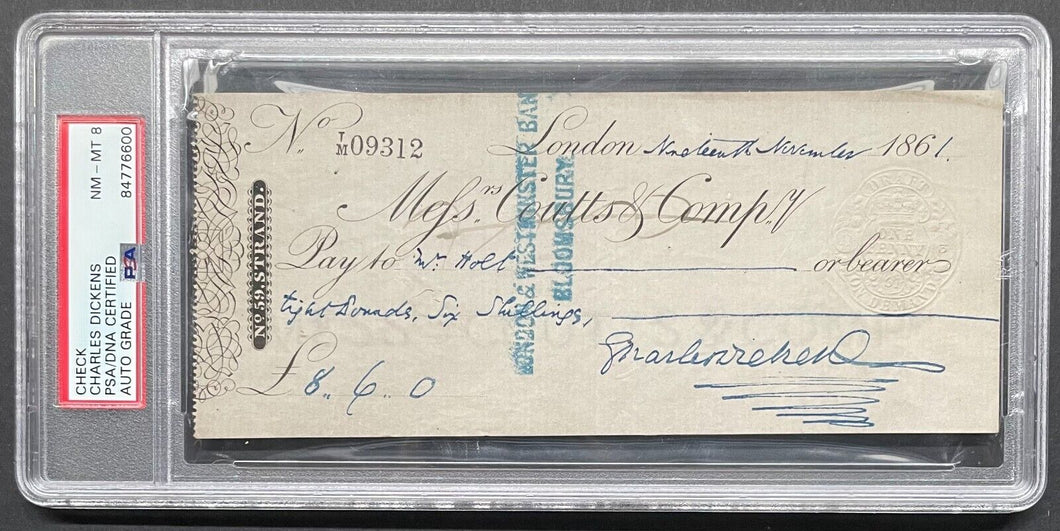 Charles Dickens Signed Autographed Cheque Check PSA Graded NM-MT 8 LOA Vintage