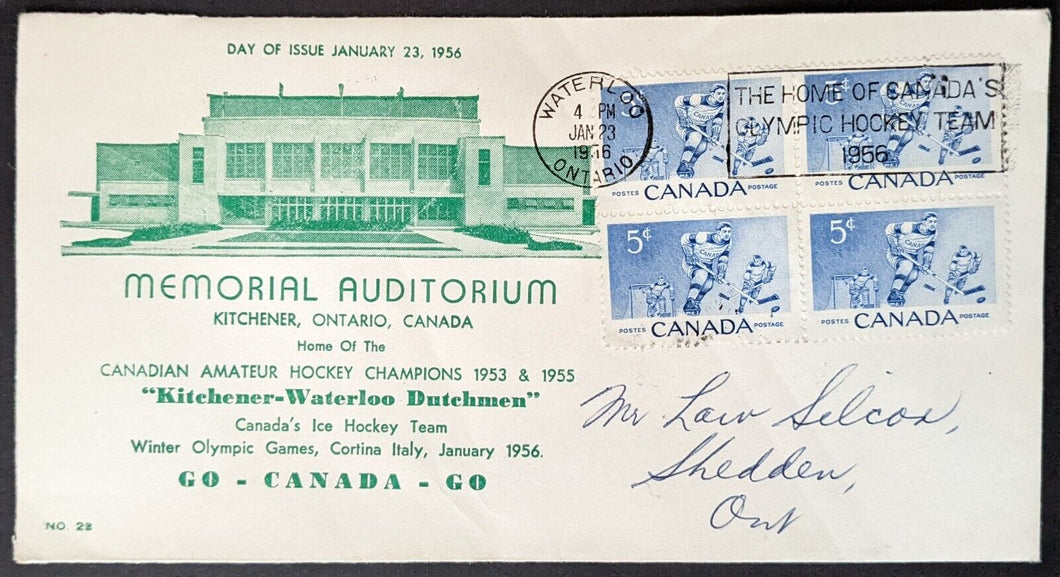 1956 Canada's First Hockey Stamp Kitchener-Waterloo Dutchmen First Day Cover