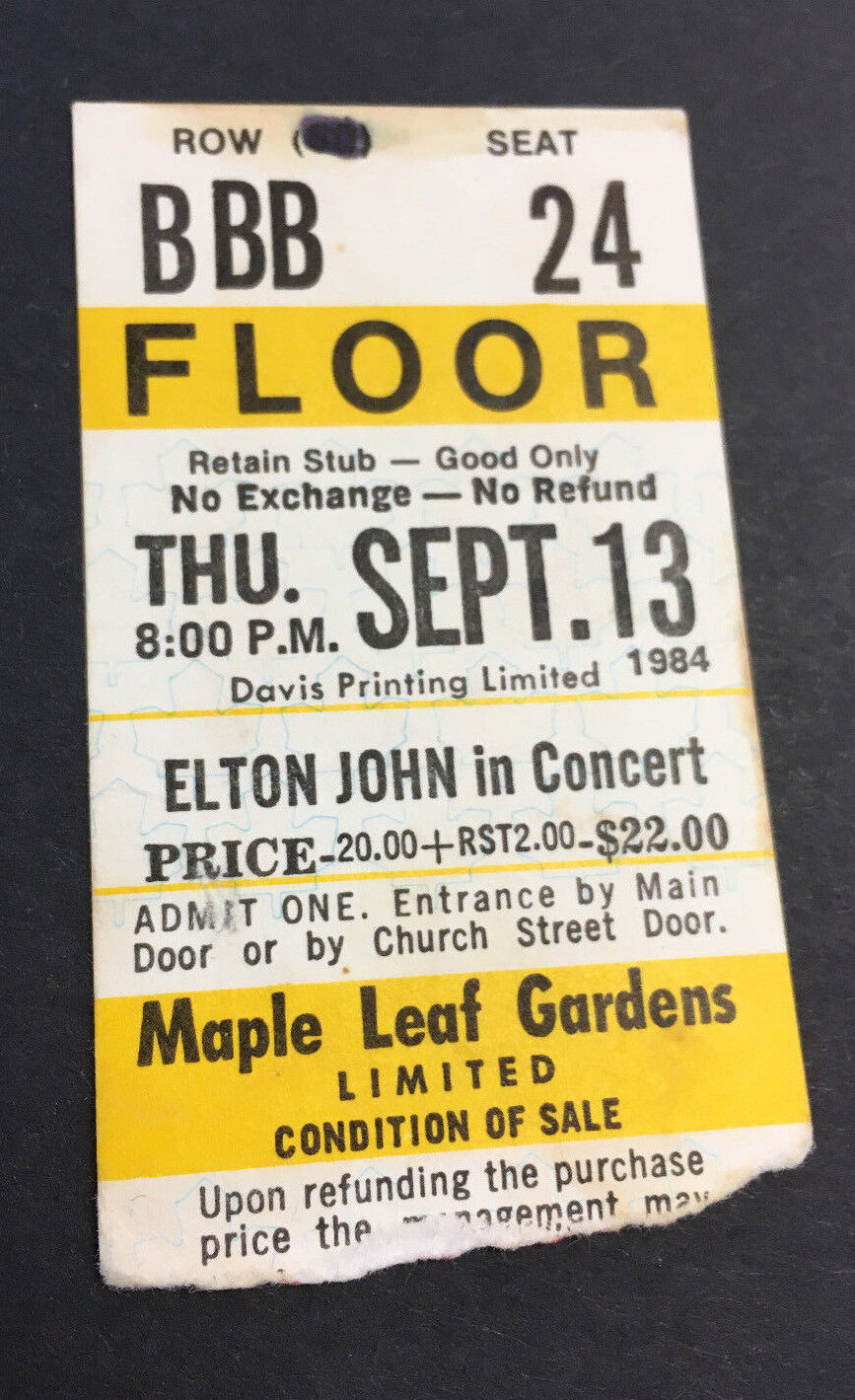 1984 Elton John Concert Ticket Stub Toronto Maple Leaf Gardens FLOORS Your Song
