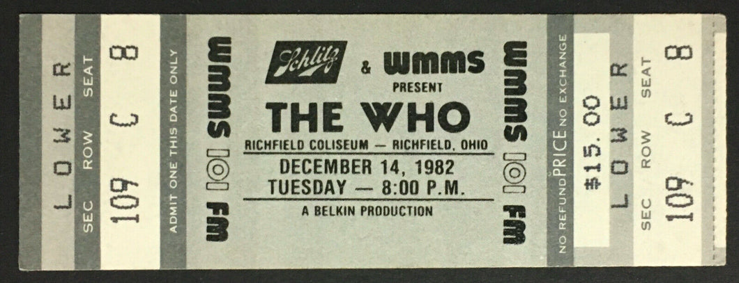 1982 The Who Richfield Coliseum Concert Ticket Keith Moon Pete Townshend Vintage