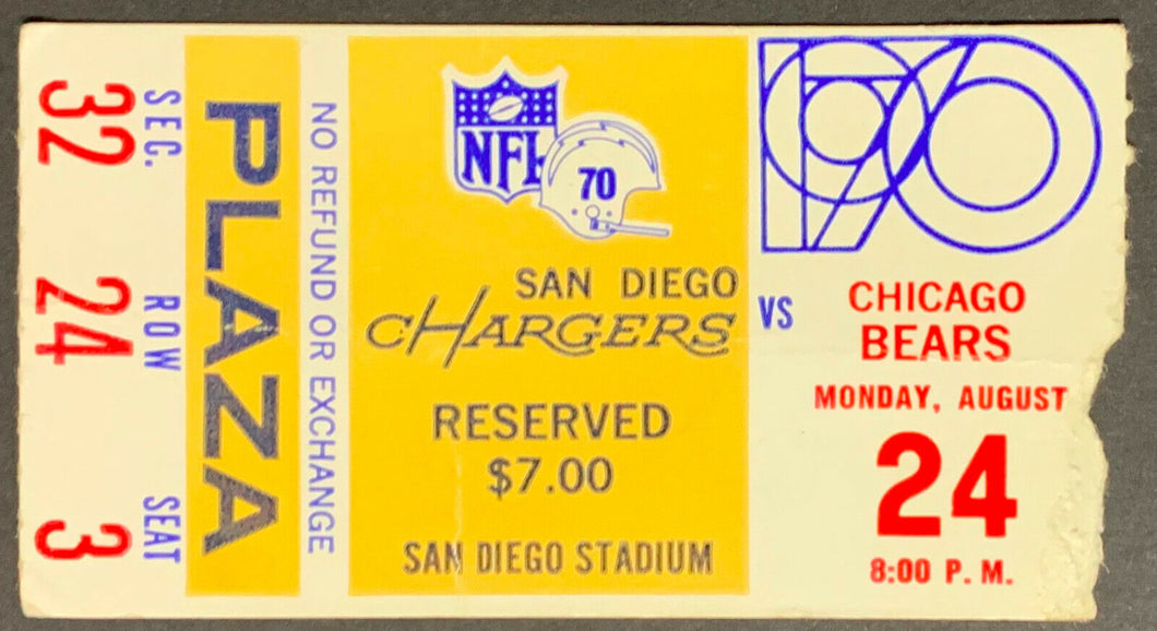 1970 San Diego Stadium NFL Football Preseason Ticket Chargers vs Chicago Bears
