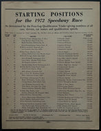 1972 Autographed Signed Indy 500 Race Issued Starting Position Lineup Sheet VTG
