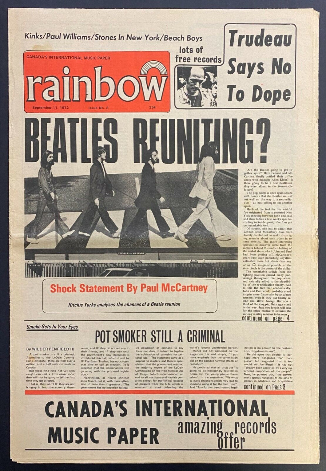 1972 Vintage Rainbow Issue Canada's Music Newspaper Featuring Beatles Trudeau