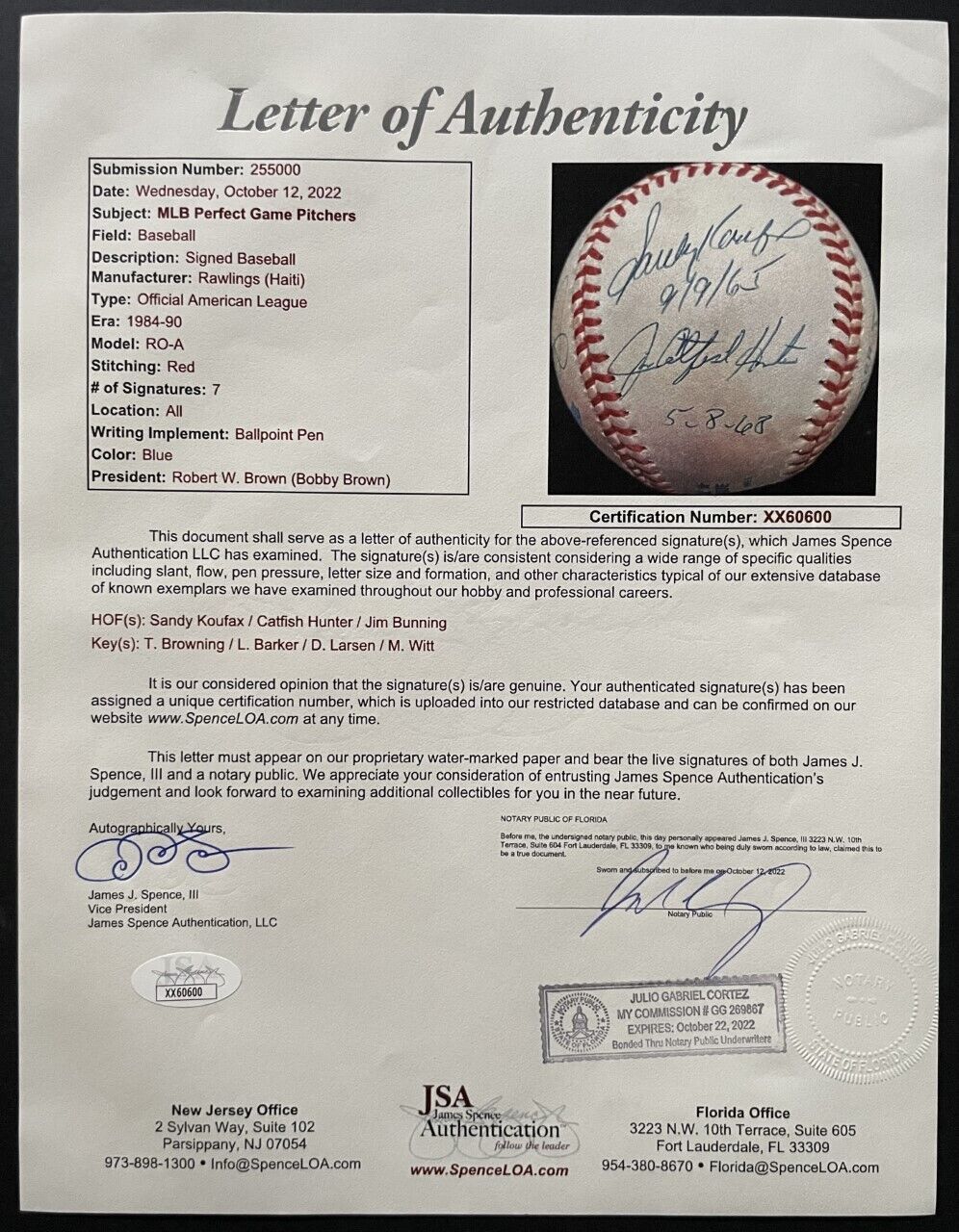 MLB Perfect Game Pitchers Autographed & Inscribed Rawlings