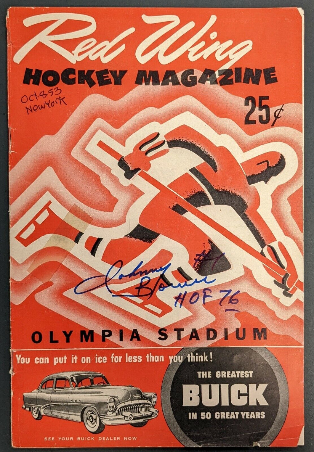 1953 Detroit Red Wings Johnny Bower Autographed Signed Program NHL Hockey VTG