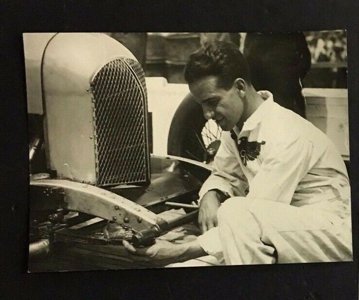 1925 Rare Photo Famed Auto Racer Peter De Paolo Inspects Car Adds Lucky Charm